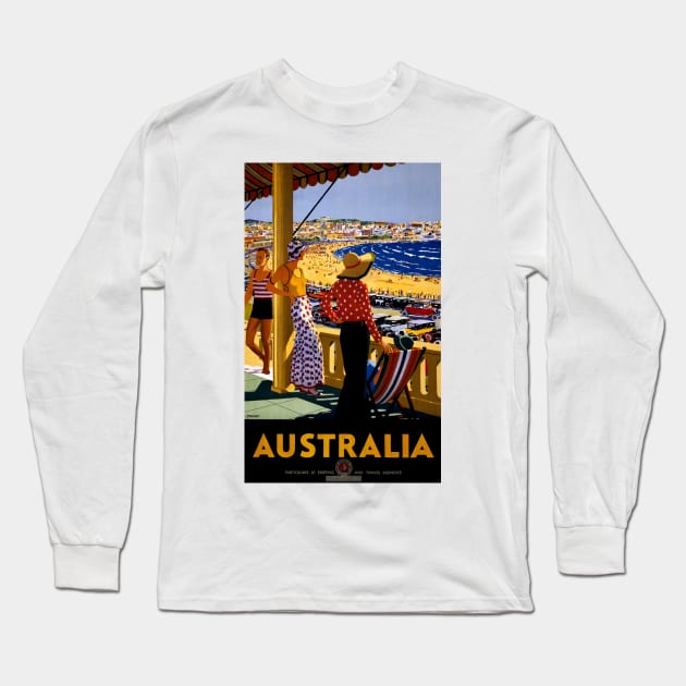 Vintage Travel Poster Australia Beach Long Sleeve T-Shirt by vintagetreasure